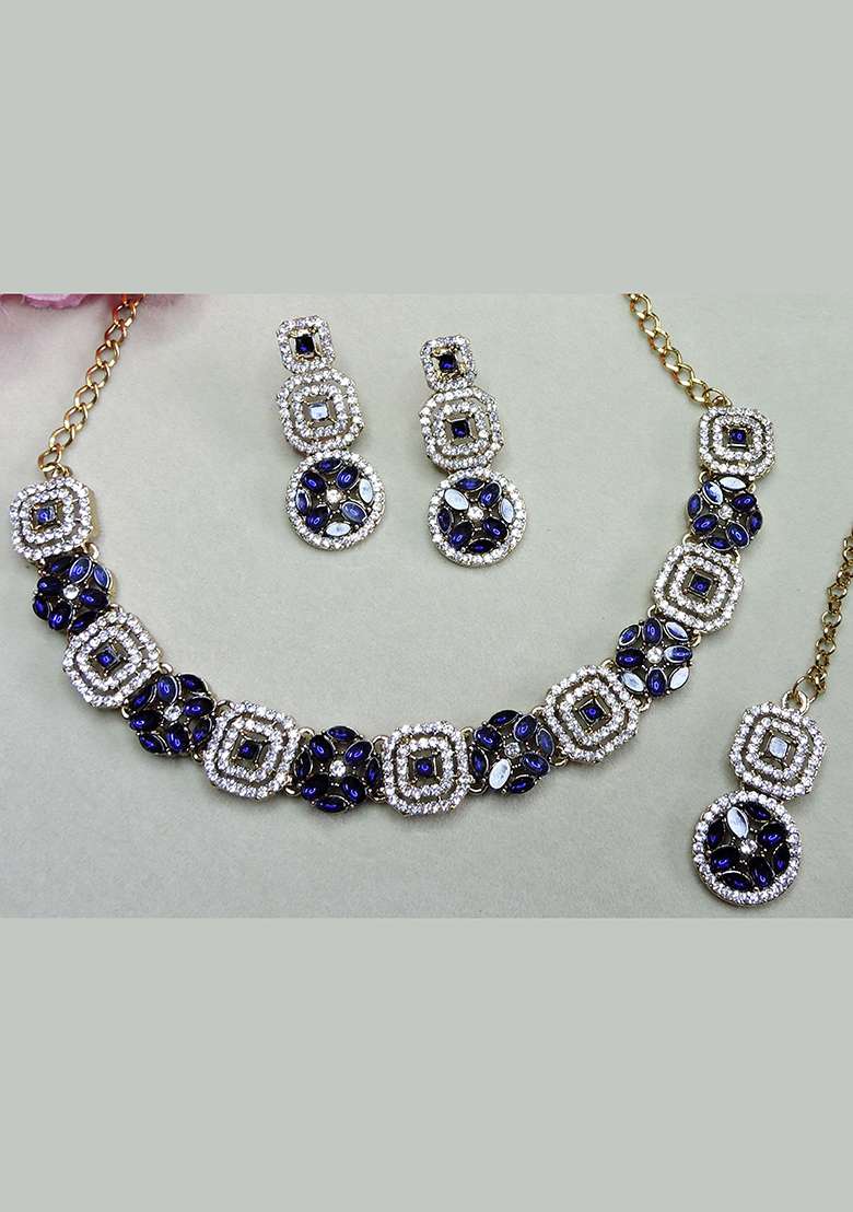 Blue Alloy American Diamonds and Stone Necklace Set - Indya