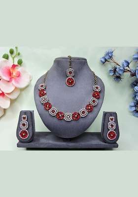 Red Alloy American Diamonds and Stone Necklace Set