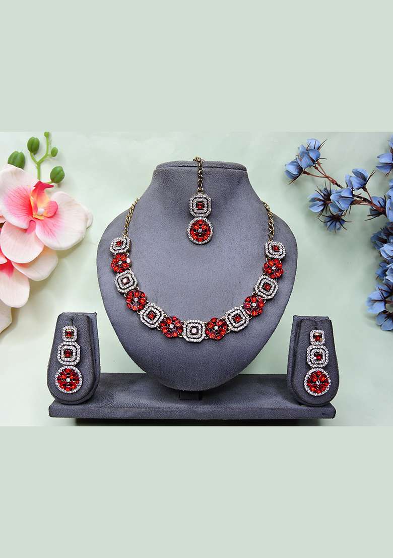 Red Alloy American Diamonds and Stone Necklace Set - Indya