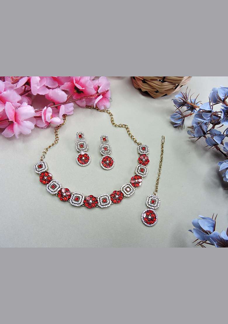 Red Alloy American Diamonds and Stone Necklace Set - Indya