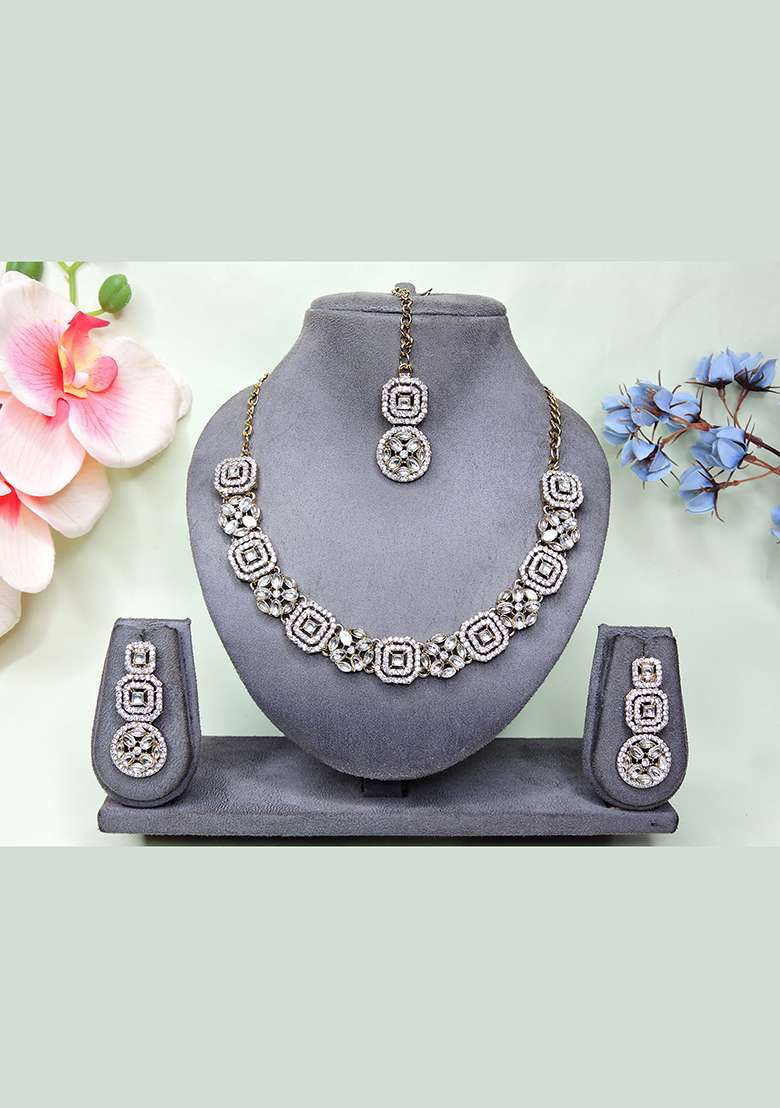 White Alloy American Diamonds and Stone Necklace Set - Indya