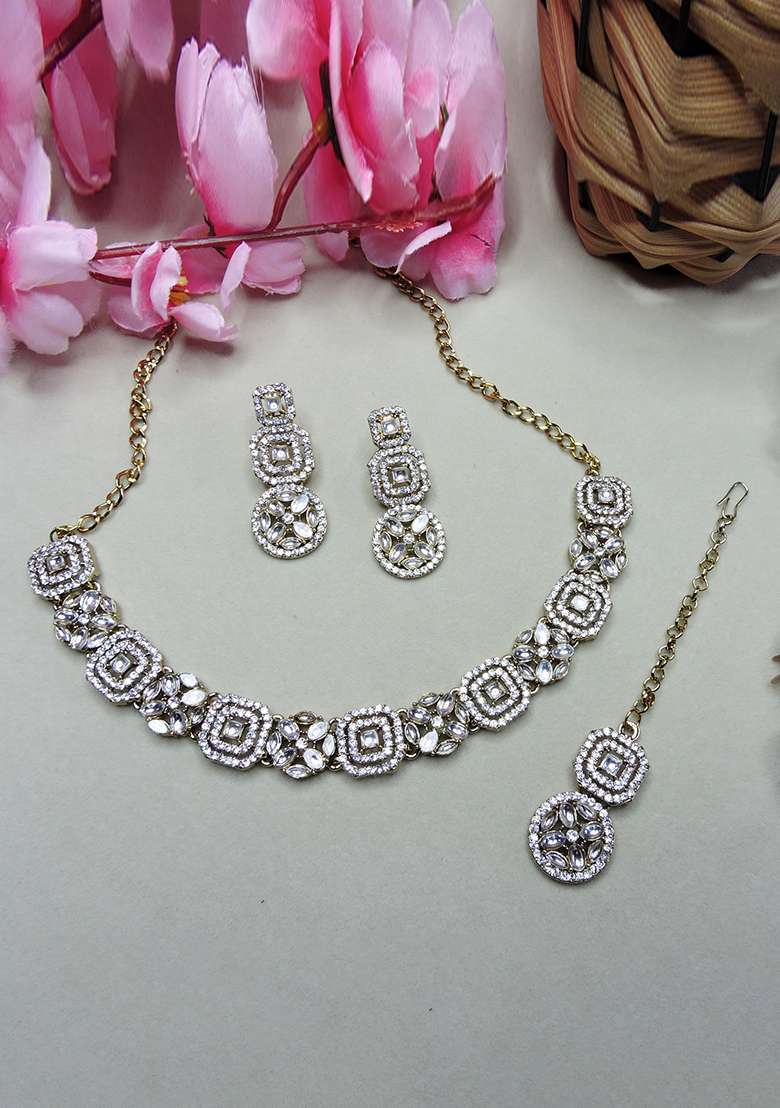 White Alloy American Diamonds and Stone Necklace Set - Indya
