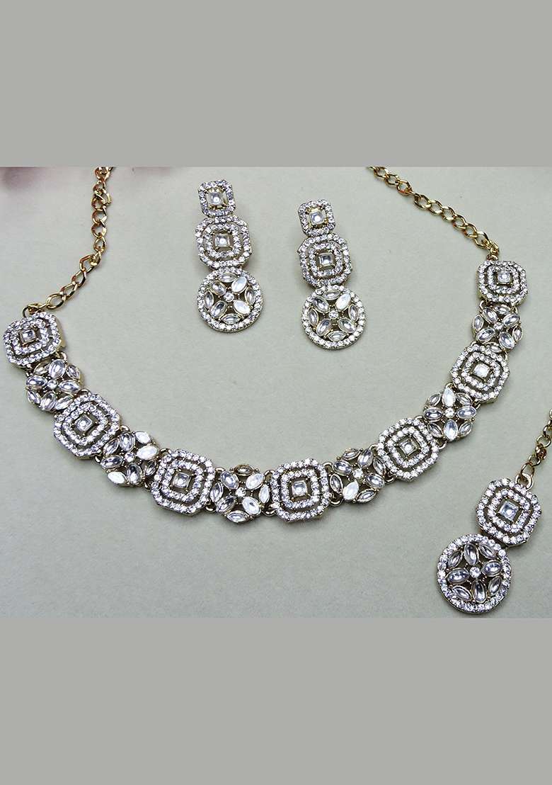 White Alloy American Diamonds and Stone Necklace Set - Indya