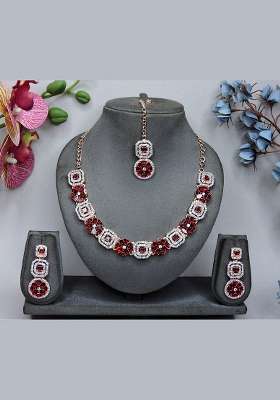 Maroon Alloy American Diamonds and Stone Necklace Set