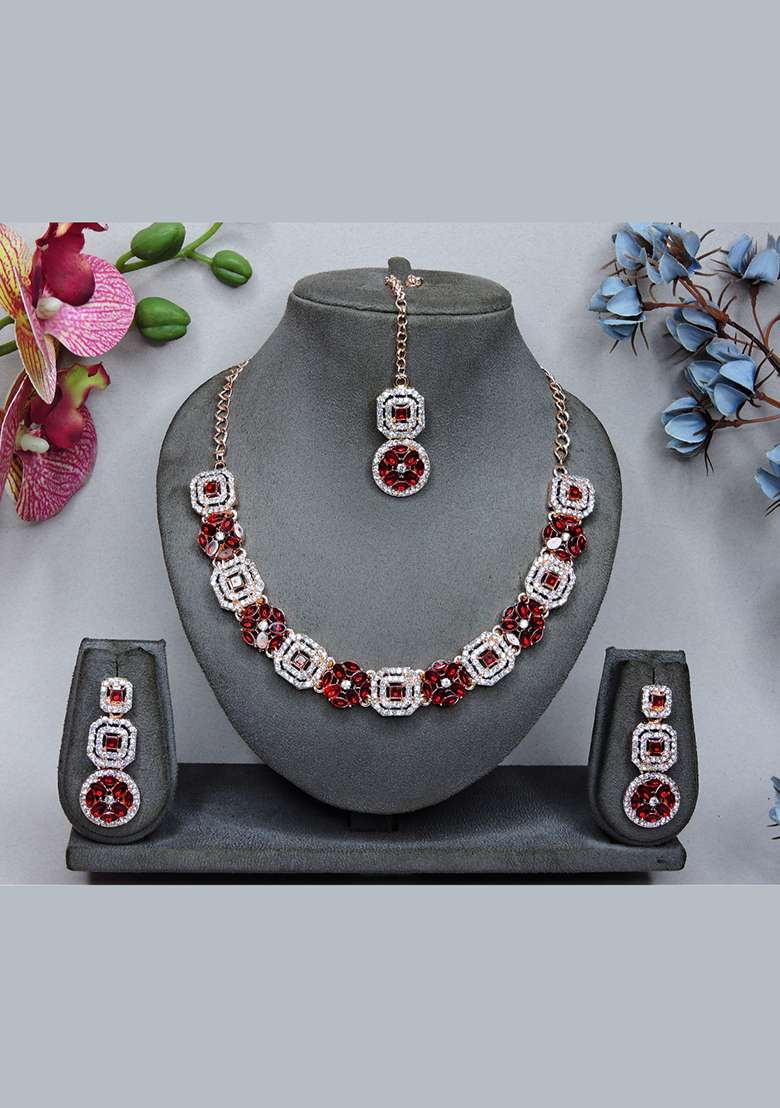 Maroon Alloy American Diamonds and Stone Necklace Set - Indya