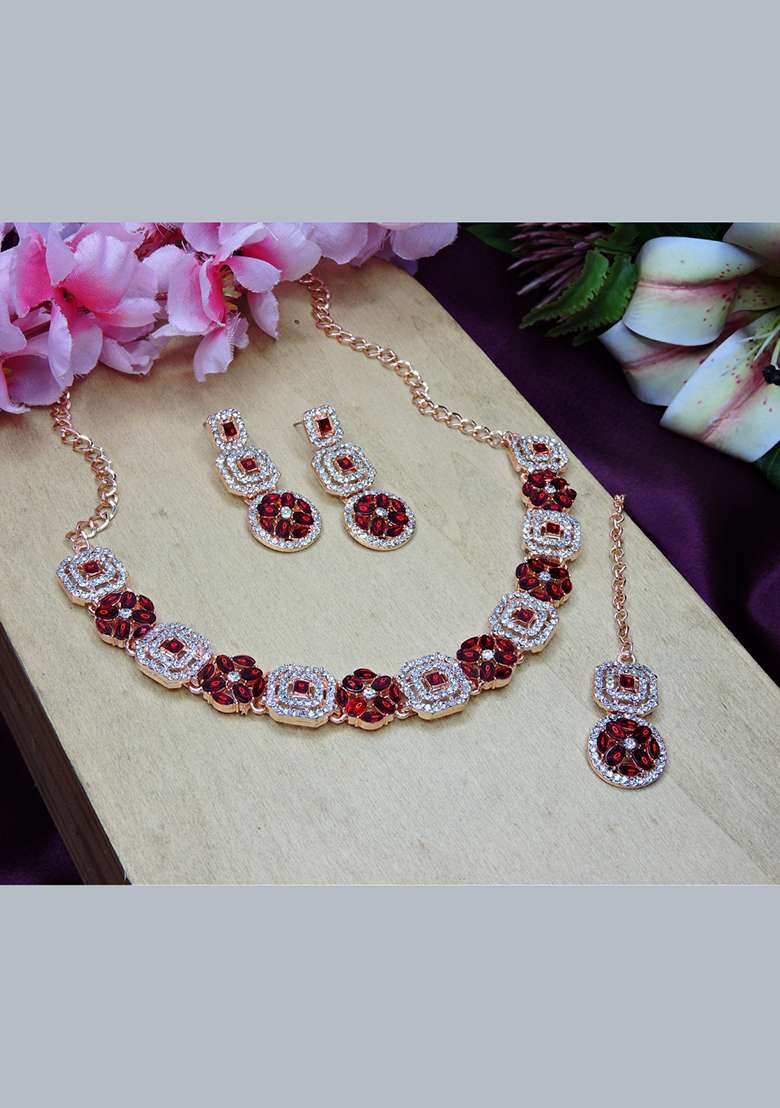 Maroon Alloy American Diamonds and Stone Necklace Set - Indya