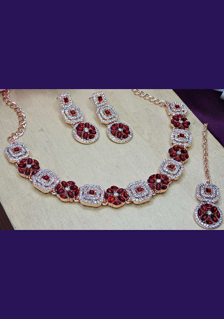 Maroon Alloy American Diamonds and Stone Necklace Set - Indya