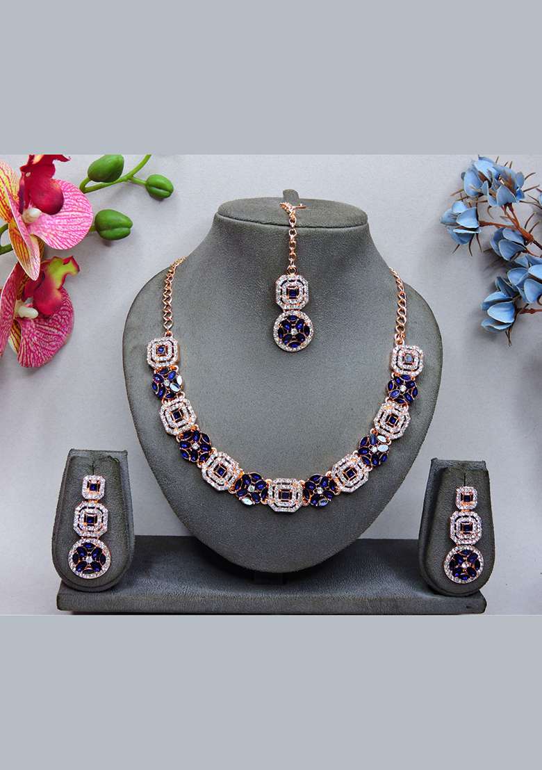 Blue Alloy American Diamonds and Stone Necklace Set - Indya