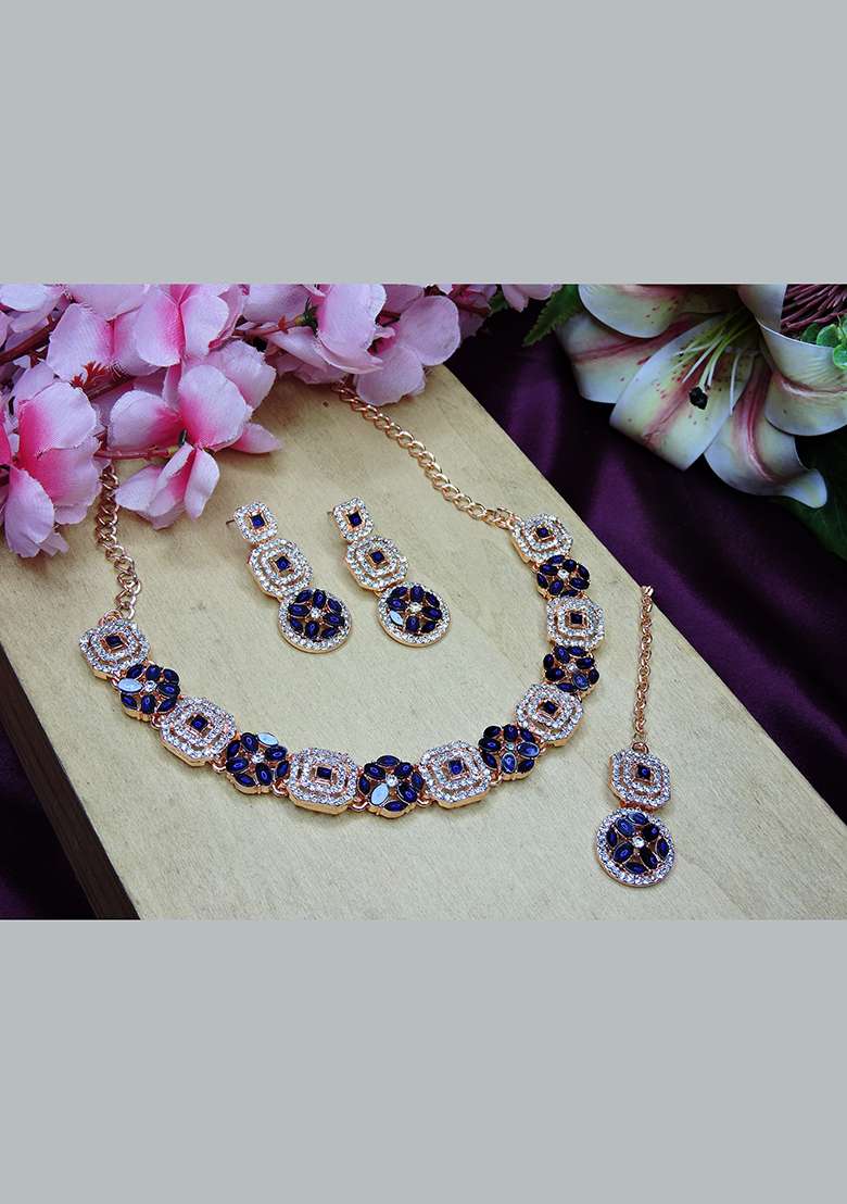 Blue Alloy American Diamonds and Stone Necklace Set - Indya