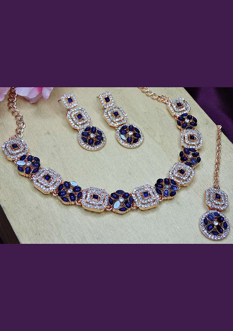 Blue Alloy American Diamonds and Stone Necklace Set - Indya