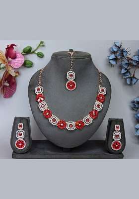 Red Alloy American Diamonds and Stone Necklace Set