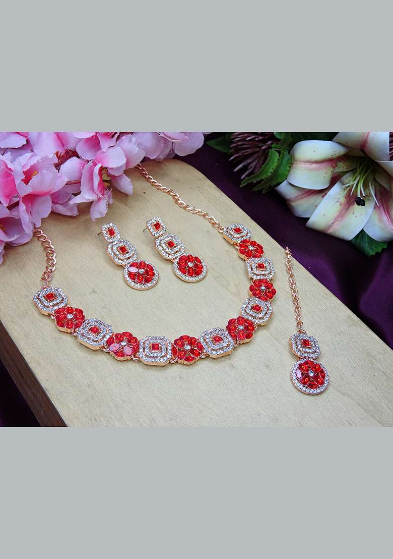 Red Alloy American Diamonds and Stone Necklace Set - Indya