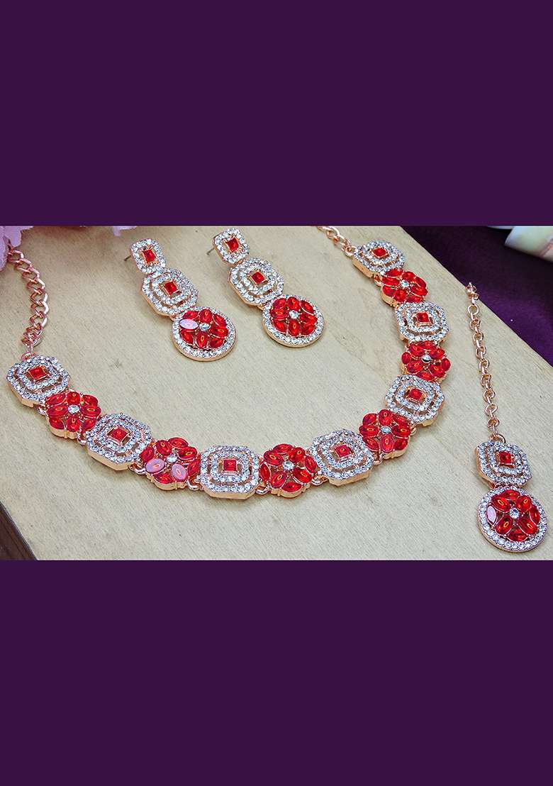 Red Alloy American Diamonds and Stone Necklace Set - Indya