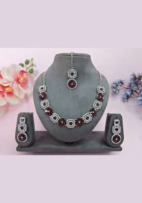 Maroon Alloy American Diamonds and Stone Necklace Set
