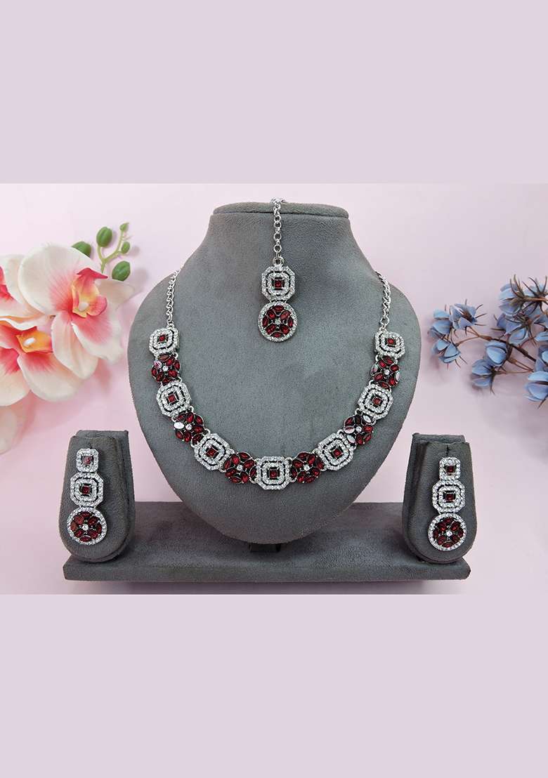 Maroon Alloy American Diamonds and Stone Necklace Set - Indya