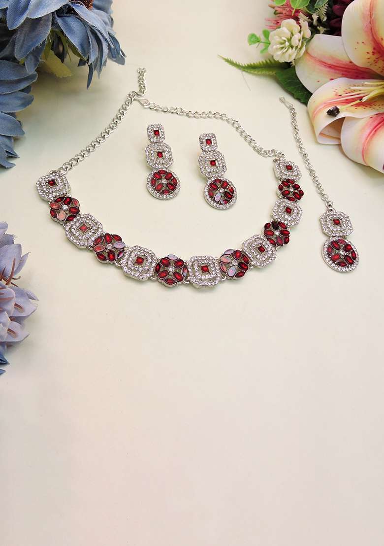 Maroon Alloy American Diamonds and Stone Necklace Set - Indya
