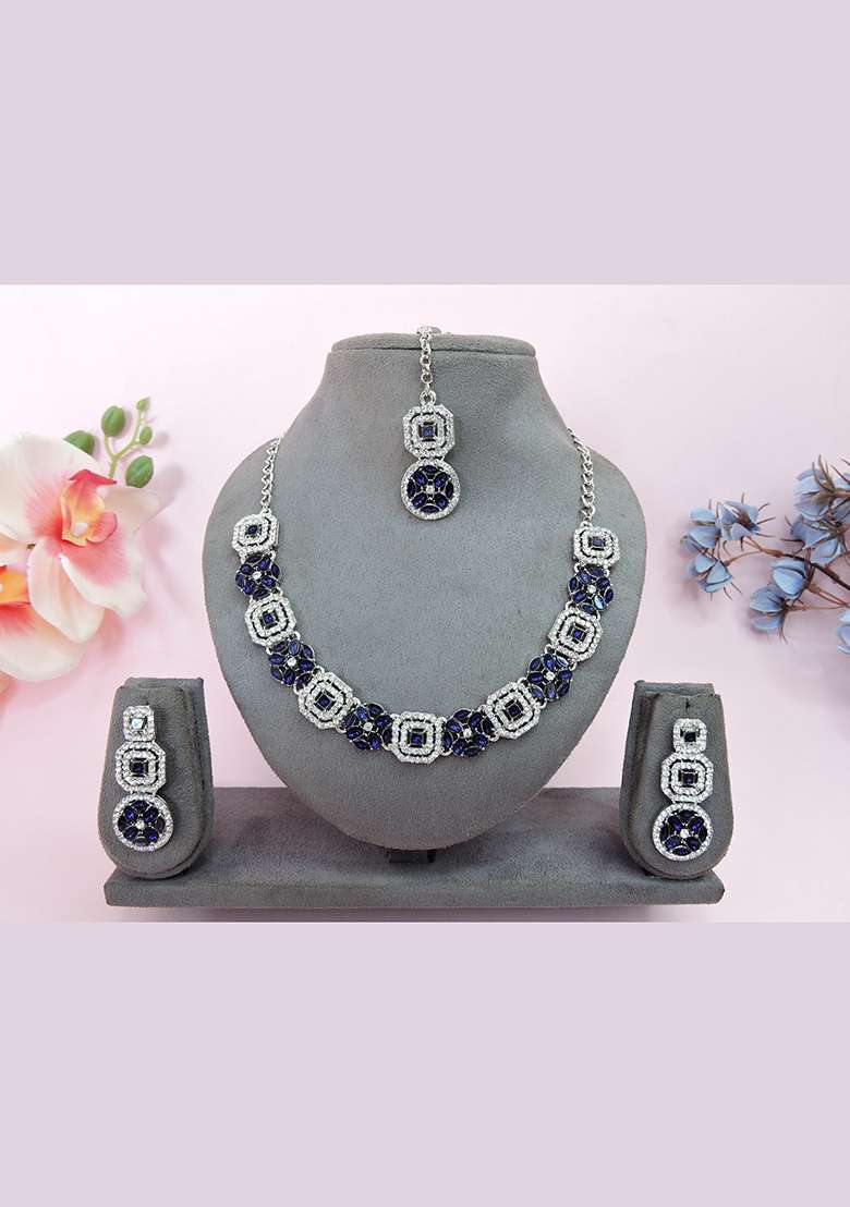 Blue Alloy American Diamonds and Stone Necklace Set - Indya
