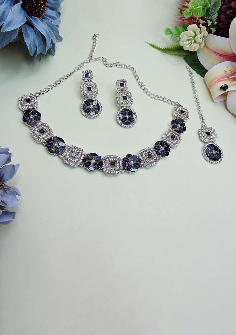 Blue Alloy American Diamonds and Stone Necklace Set - Indya