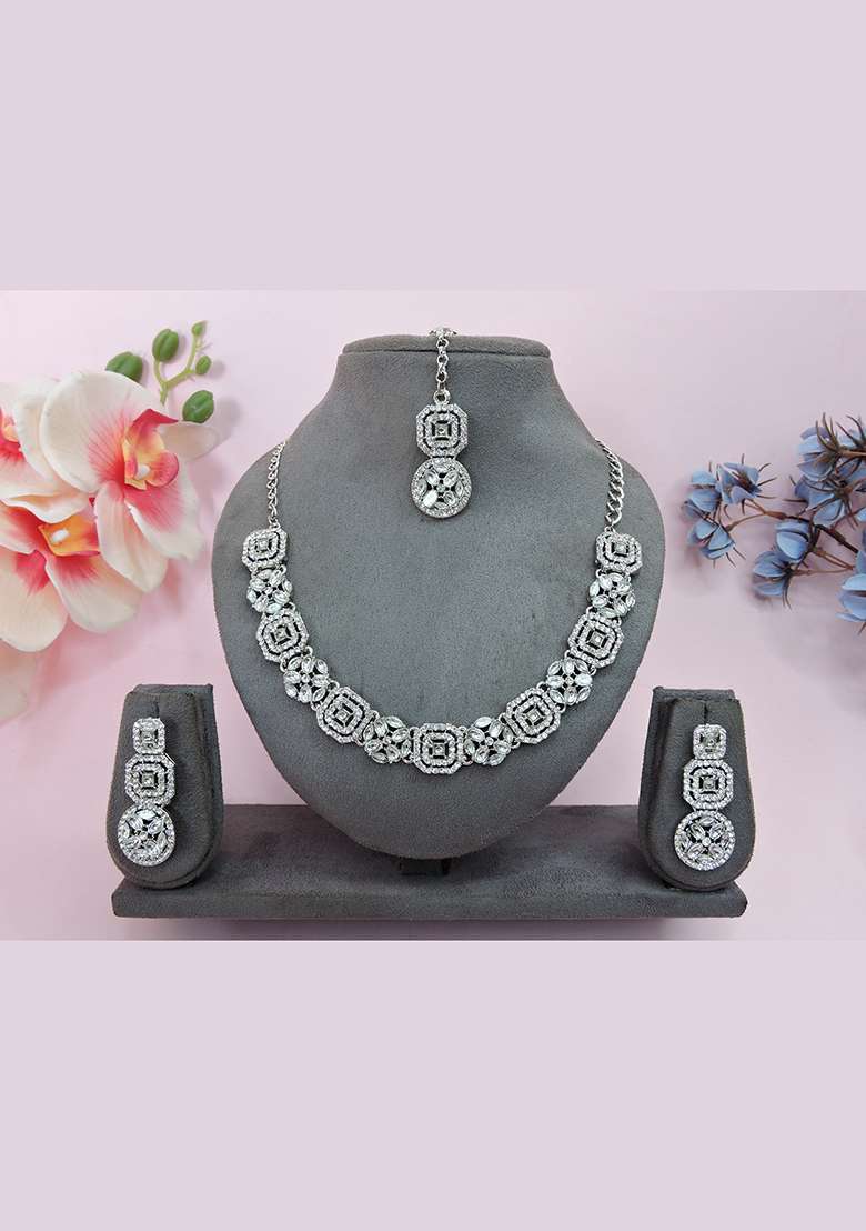White Alloy American Diamonds and Stone Necklace Set - Indya