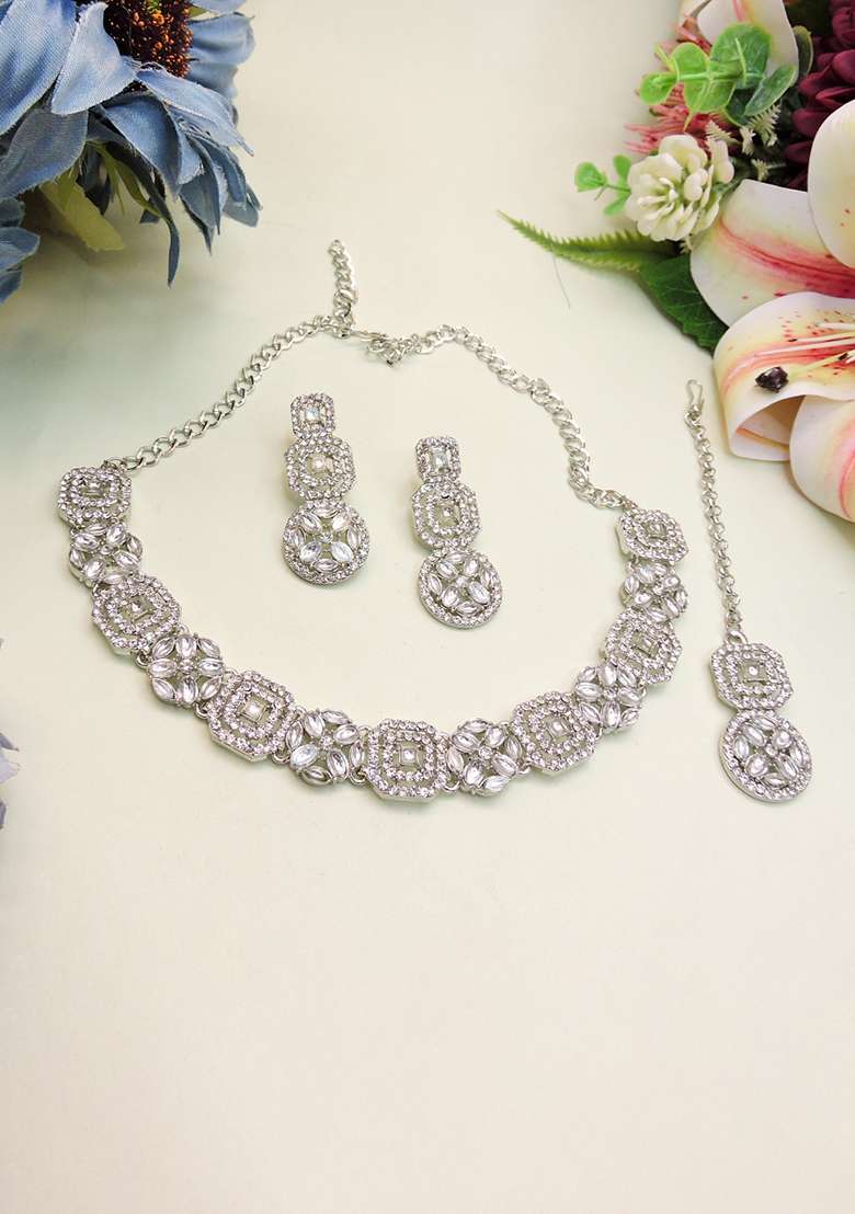 White Alloy American Diamonds and Stone Necklace Set - Indya