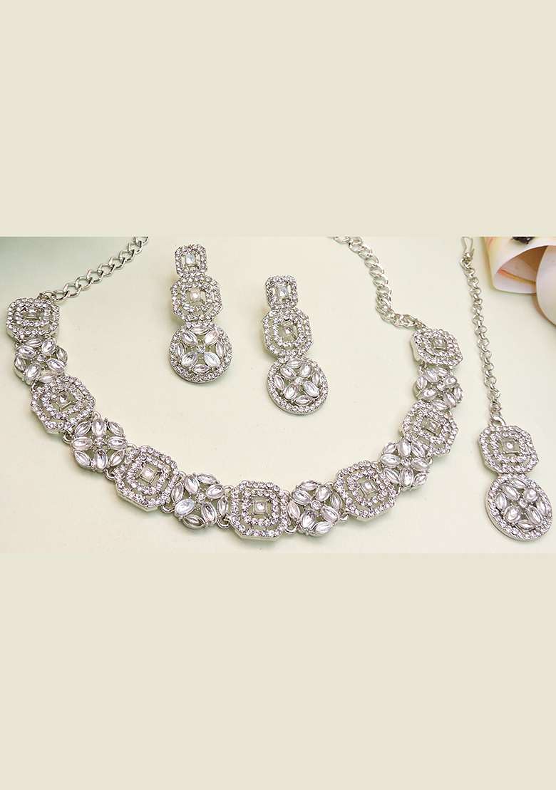 White Alloy American Diamonds and Stone Necklace Set - Indya