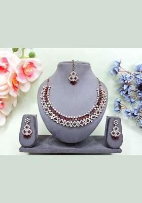 Maroon Alloy American Diamonds and Stone Necklace Set
