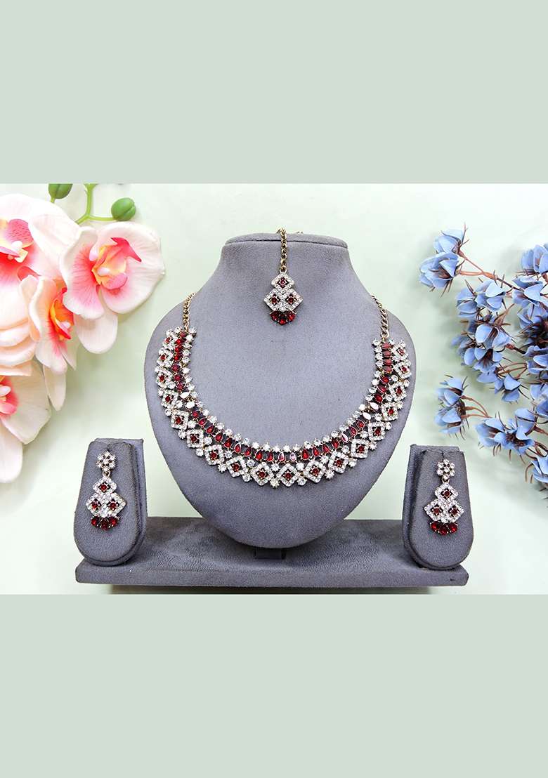 Maroon Alloy American Diamonds and Stone Necklace Set - Indya