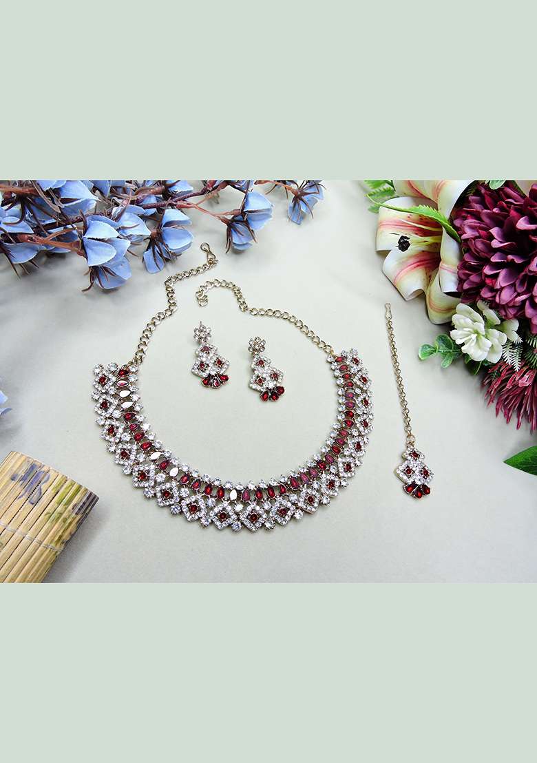 Maroon Alloy American Diamonds and Stone Necklace Set - Indya