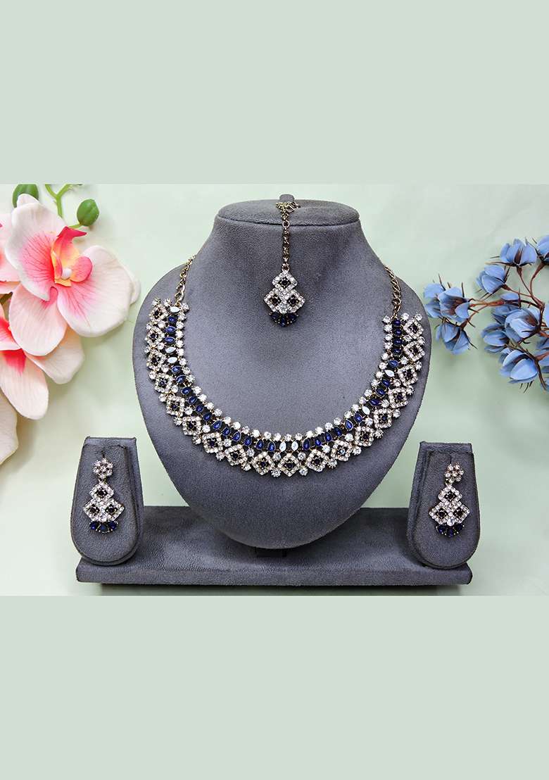 Blue Alloy American Diamonds and Stone Necklace Set - Indya