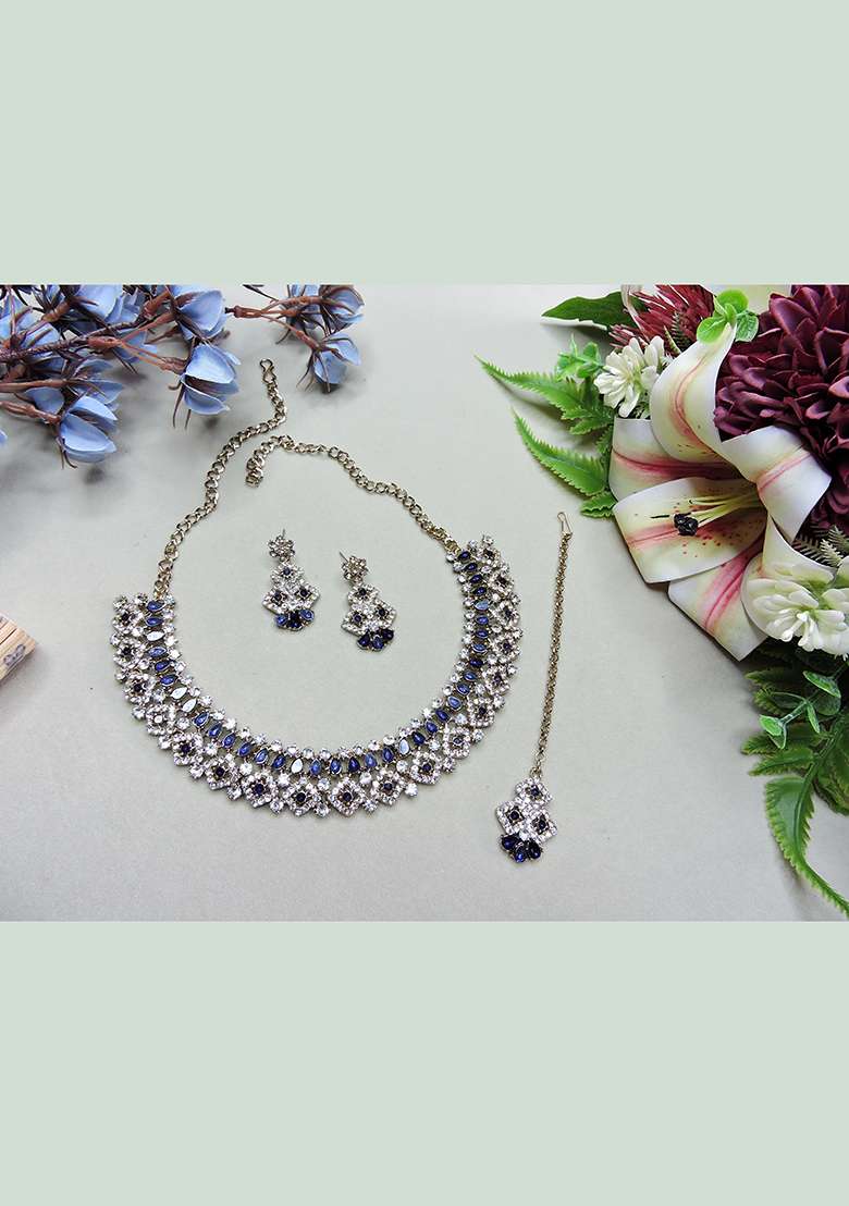 Blue Alloy American Diamonds and Stone Necklace Set - Indya