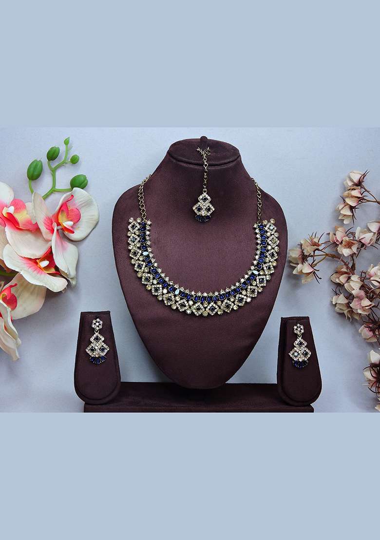 Blue Alloy American Diamonds and Stone Necklace Set - Indya