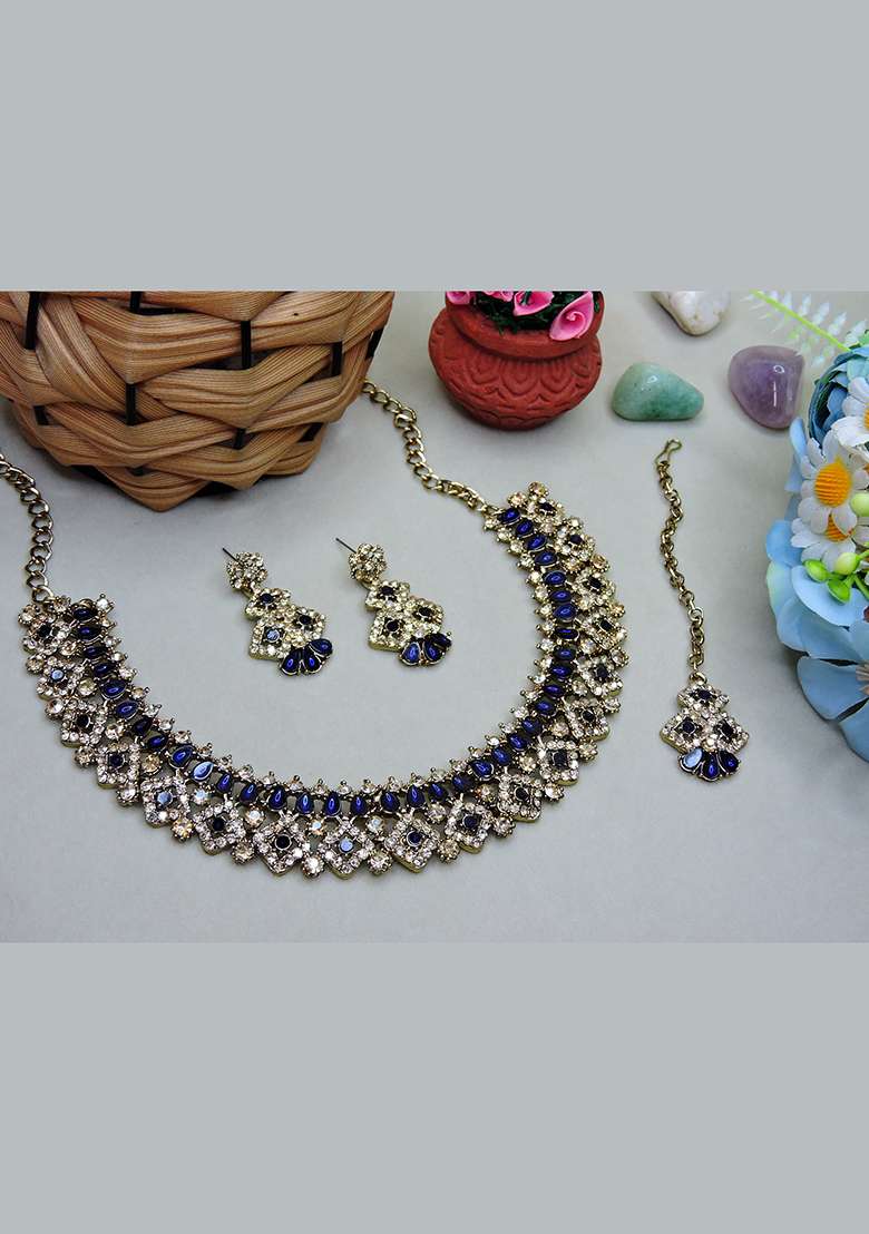 Blue Alloy American Diamonds and Stone Necklace Set - Indya