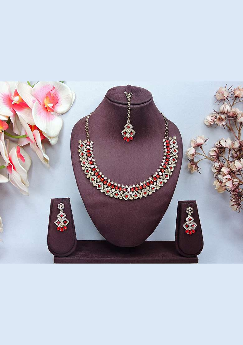 Red Alloy American Diamonds and Stone Necklace Set - Indya