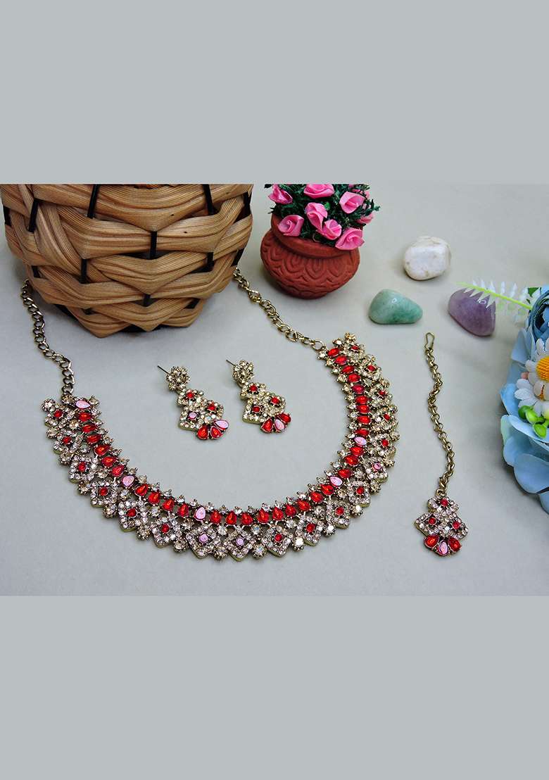 Red Alloy American Diamonds and Stone Necklace Set - Indya