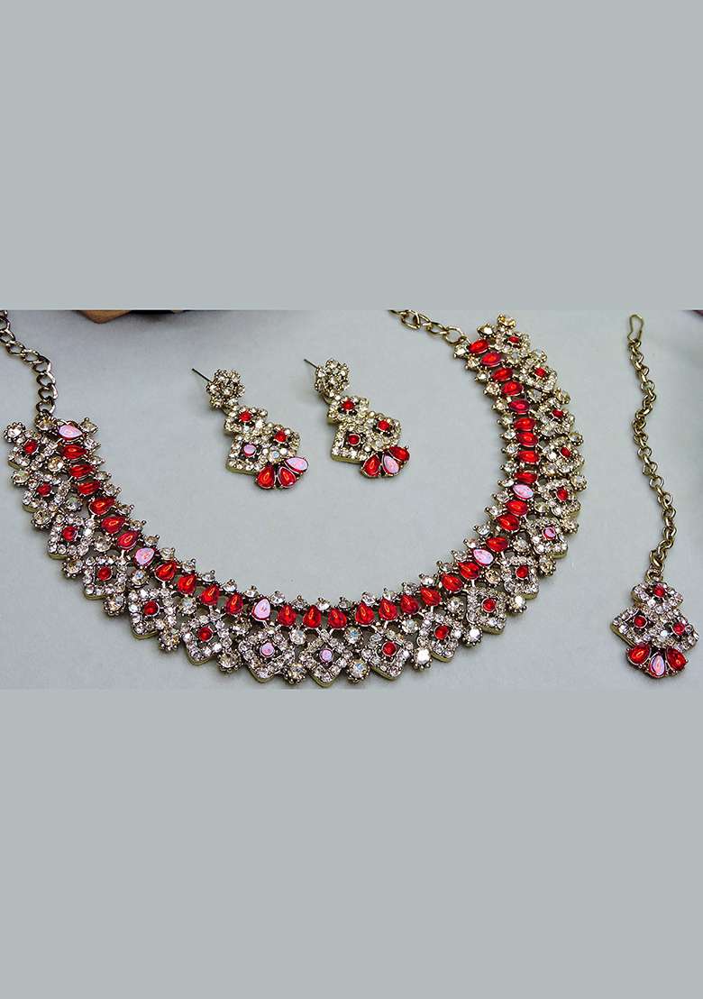 Red Alloy American Diamonds and Stone Necklace Set - Indya