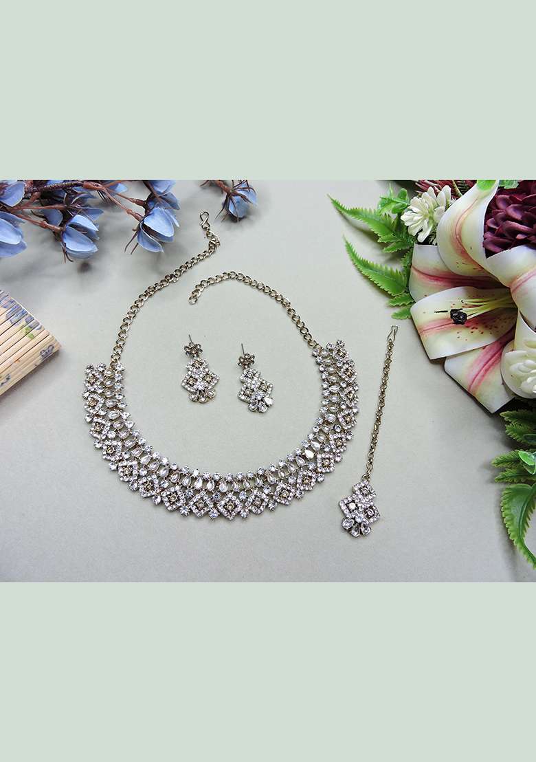 White Alloy American Diamonds and Stone Necklace Set - Indya