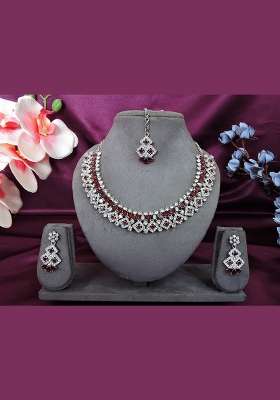 Maroon Alloy American Diamonds and Stone Necklace Set