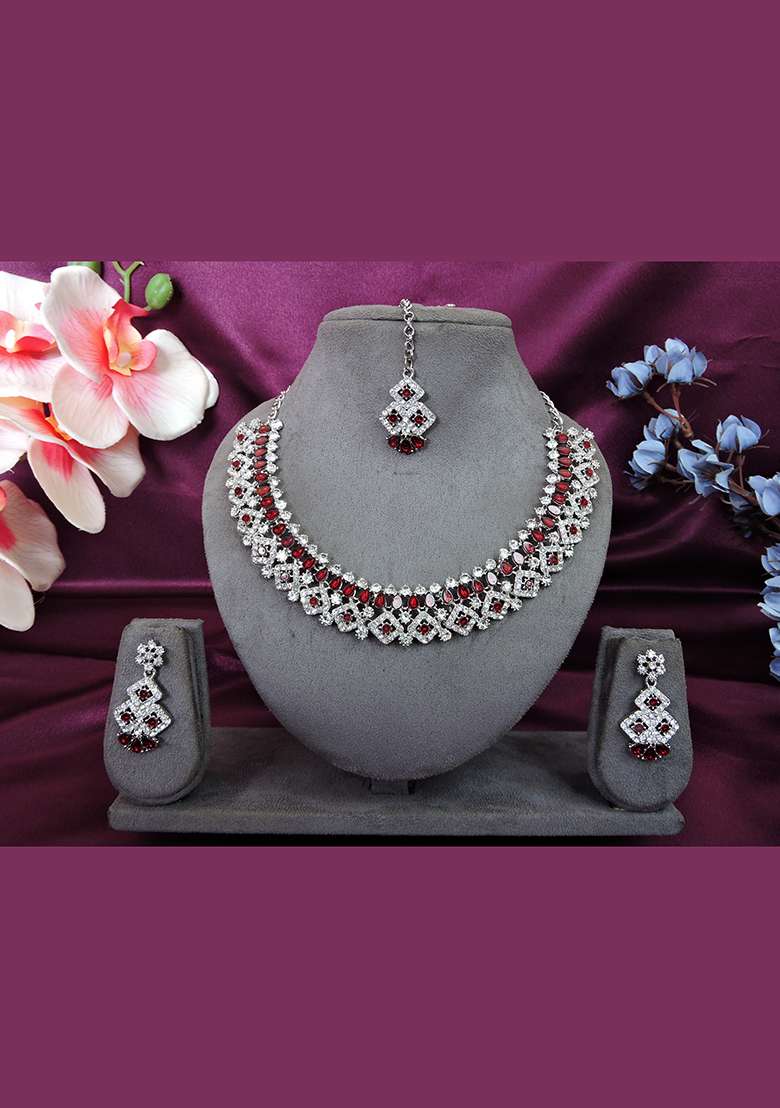 Maroon Alloy American Diamonds and Stone Necklace Set - Indya