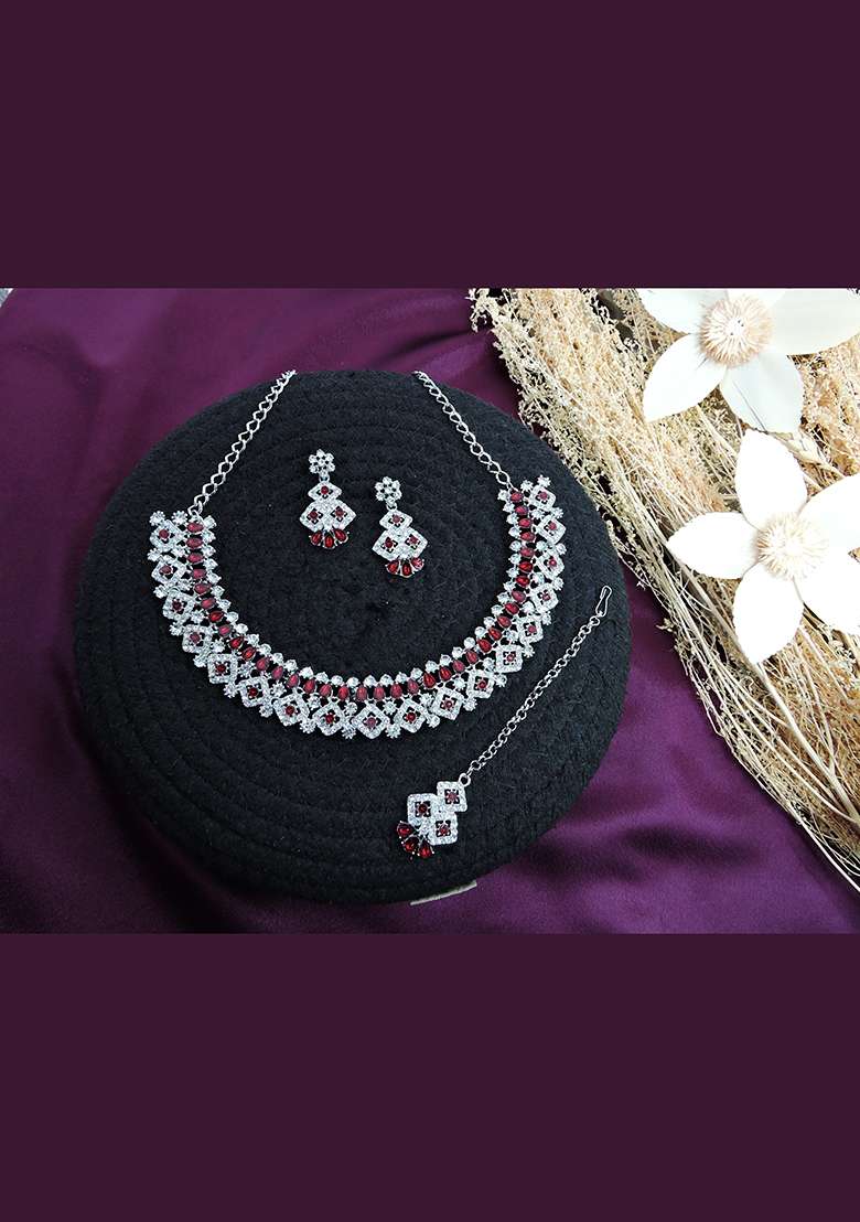 Maroon Alloy American Diamonds and Stone Necklace Set - Indya