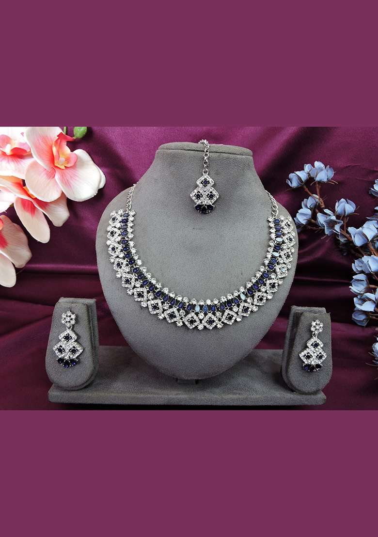 Blue Alloy American Diamonds and Stone Necklace Set - Indya