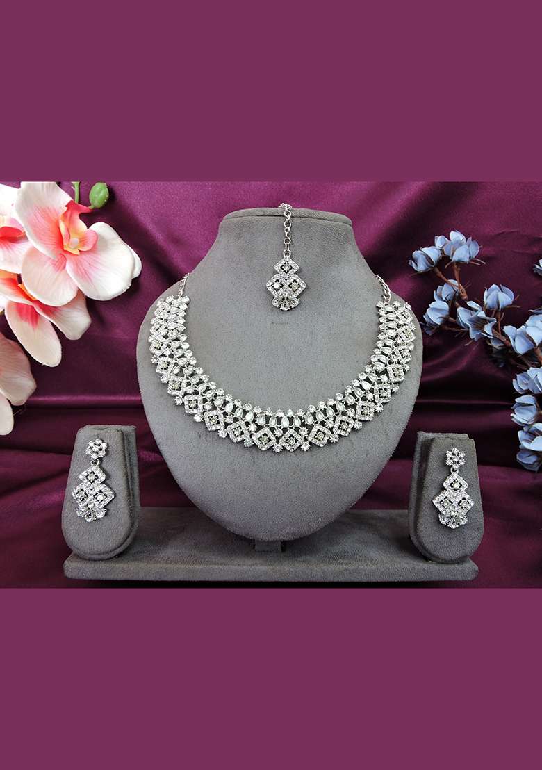 White Alloy American Diamonds and Stone Necklace Set - Indya