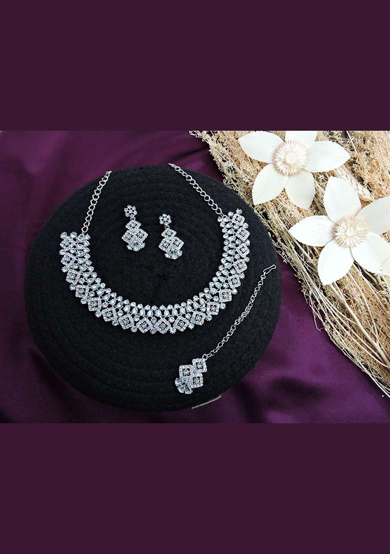 White Alloy American Diamonds and Stone Necklace Set - Indya