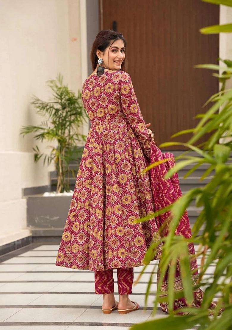 Red Printed Muslin Kurta Set - Indya