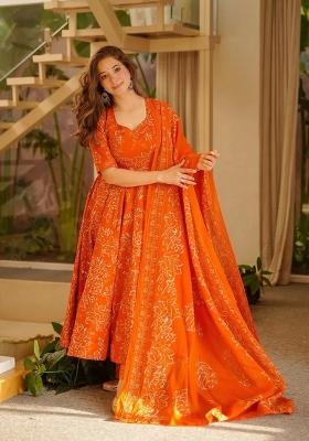 Orange Printed Muslin Kurta Set