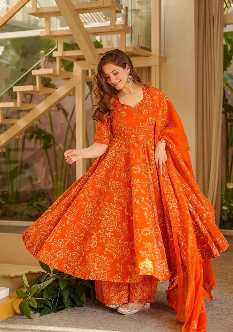 Orange Printed Muslin Kurta Set - Indya
