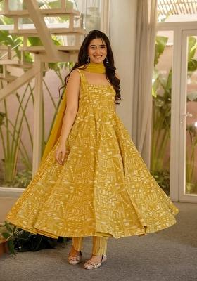Dark Yellow Printed Muslin Kurta Set