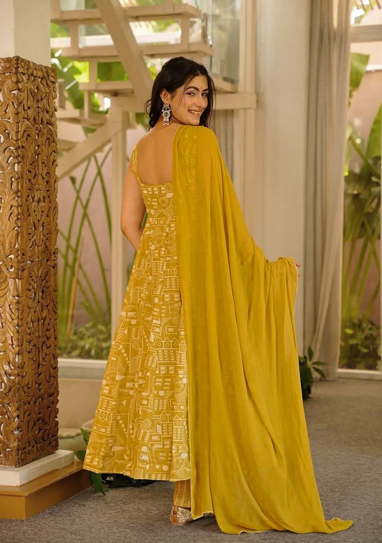 Dark Yellow Printed Muslin Kurta Set - Indya