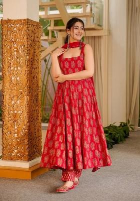 Red Printed Muslin Kurta Set