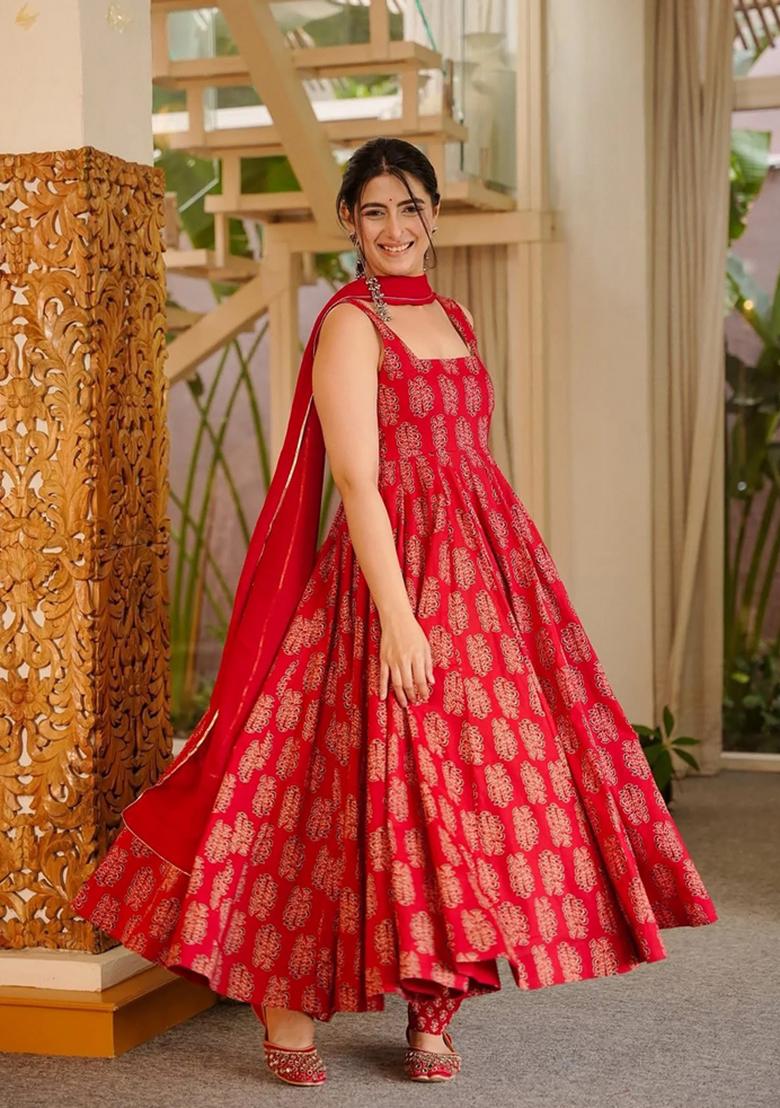 Red Printed Muslin Kurta Set - Indya