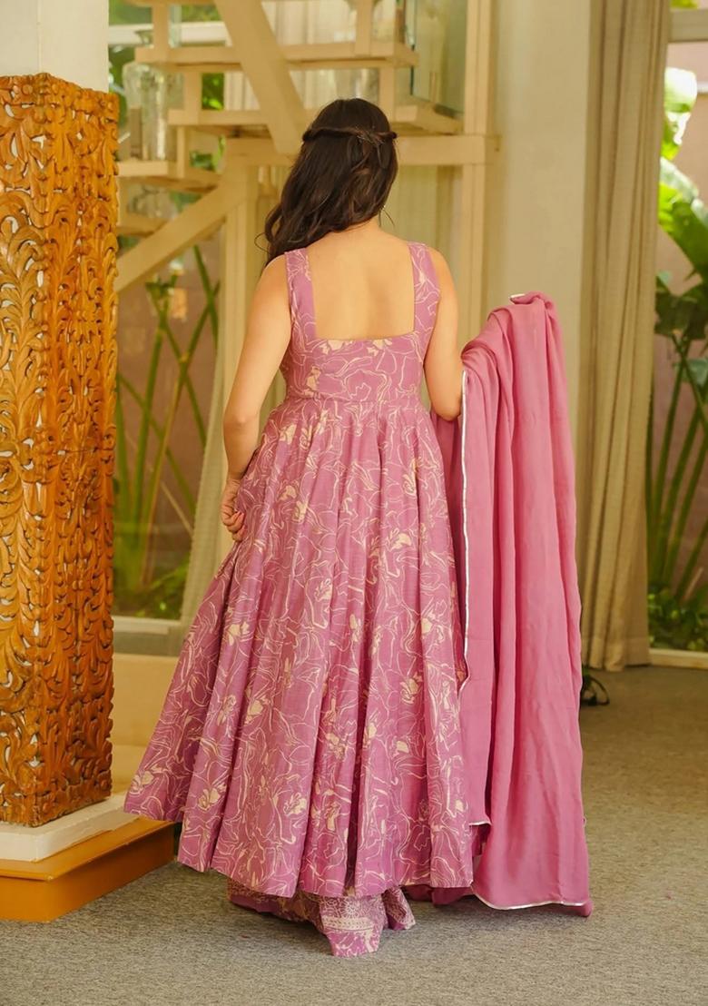 Pink Printed Muslin Kurta Set - Indya